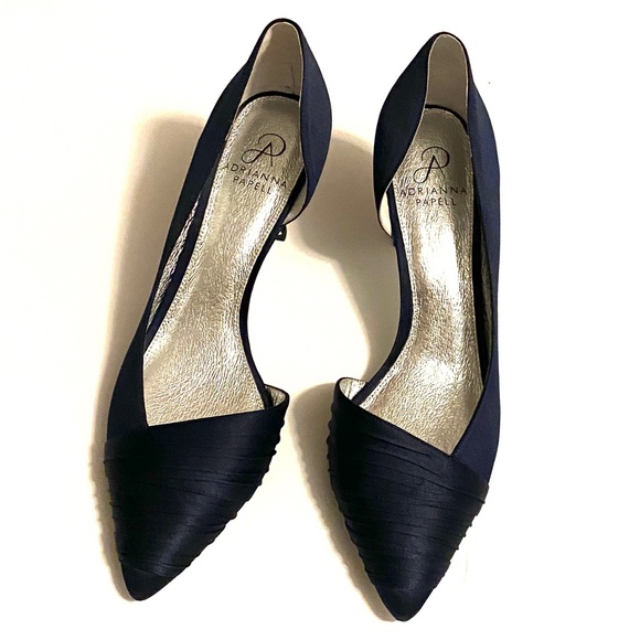 navy satin kitten heels